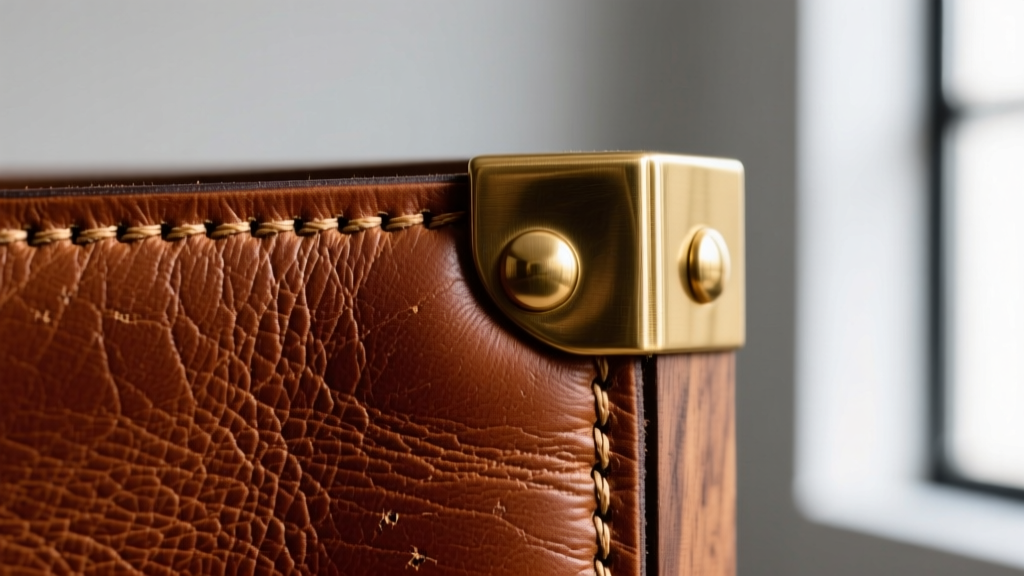 Macro shot of full-grain cognac leather stitched over solid wood, showing brass corner protectors and rich surface texture detail