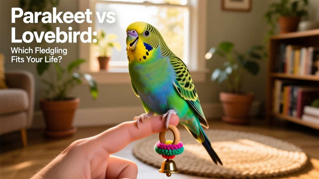 A cheerful parakeet sitting on a human finger, head tilted upward, with a colorful toy nearby
