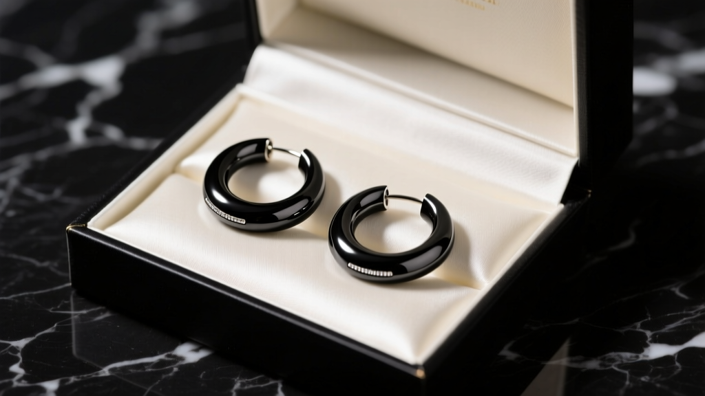 Elegant gift box open on a dark marble surface revealing a pair of sleek, 16-gauge black PVD titanium medium-sized hoop earrings.
