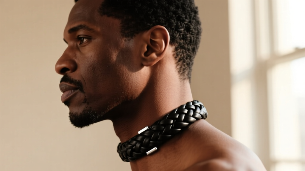 Side profile of a man wearing a thick 4mm braided black leather choker with a subtle matte silver magnetic clasp at the nape