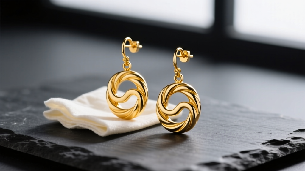 Macro shot of 18k yellow gold Greek key drop earrings on dark slate, highlighting intricate meander grooves and a polishing cloth.