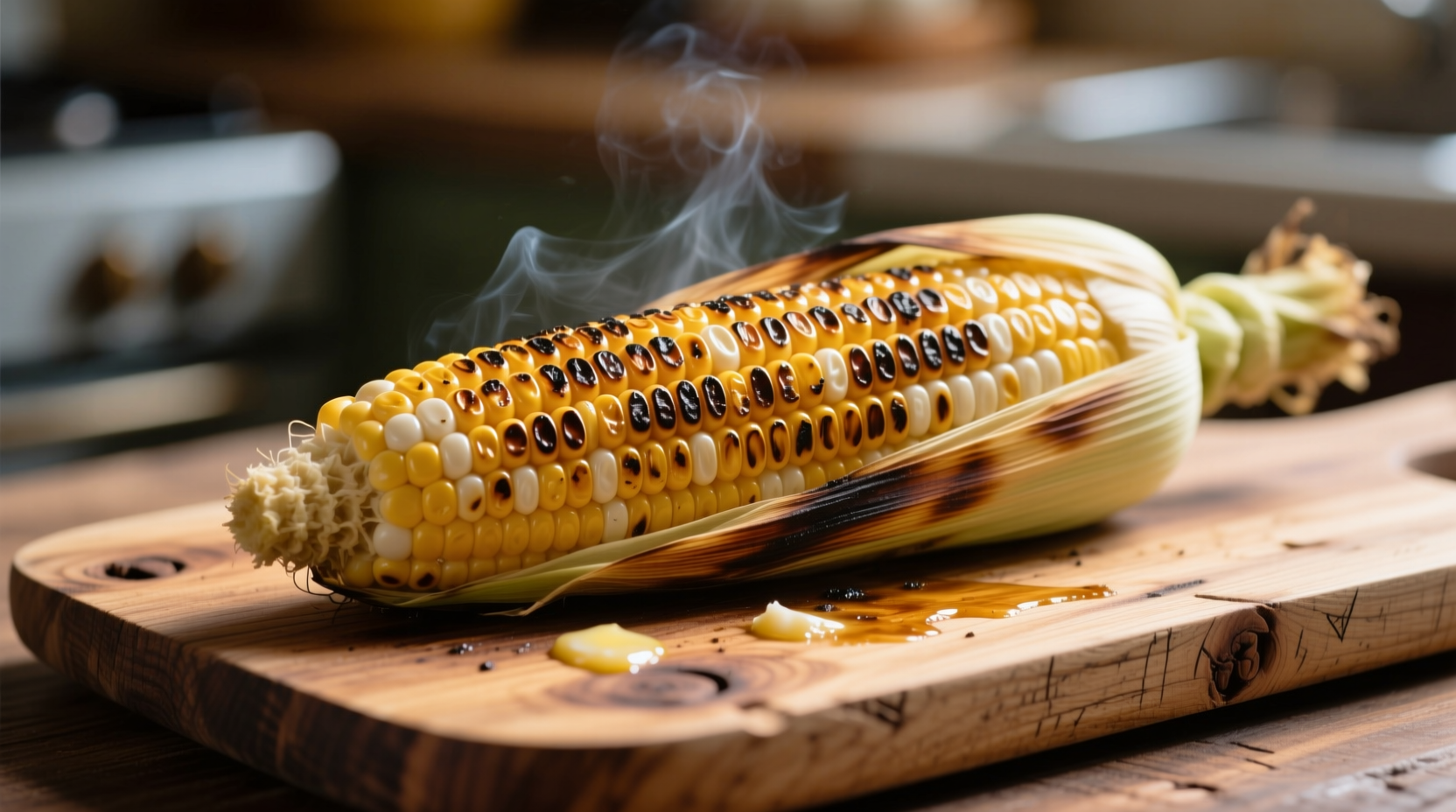 Freshly grilled corn with char marks on a wooden platter