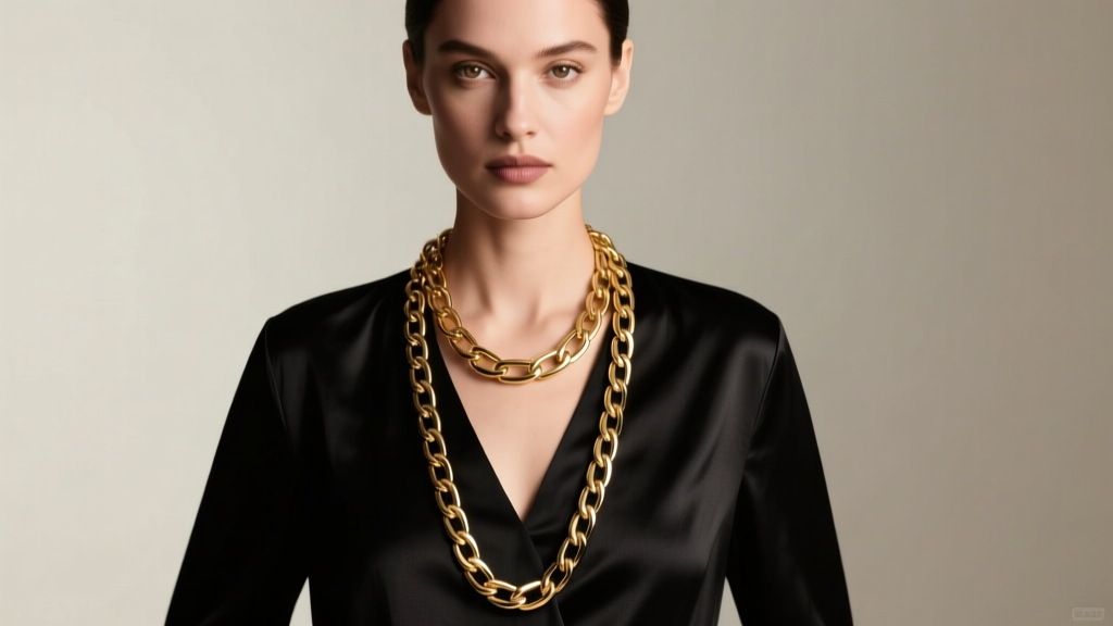 Woman wearing a long gold box chain wrap around necklace in a double loop over a black silk V-neck blouse, soft studio lighting