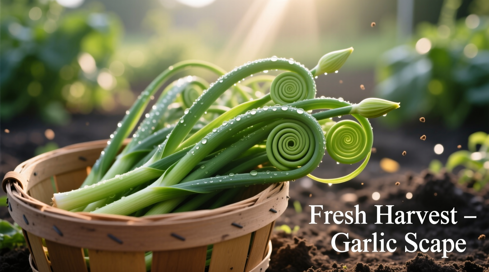 Curly garlic scapes harvested from garden