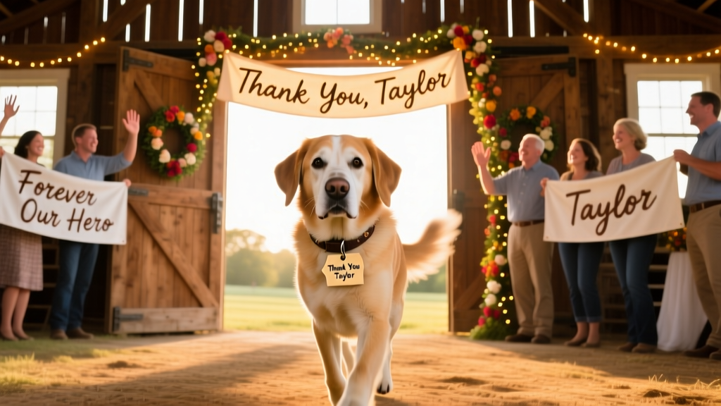Taylor strutting confidently through barn doors at her retirement party, surrounded by cheering friends and festive decorations