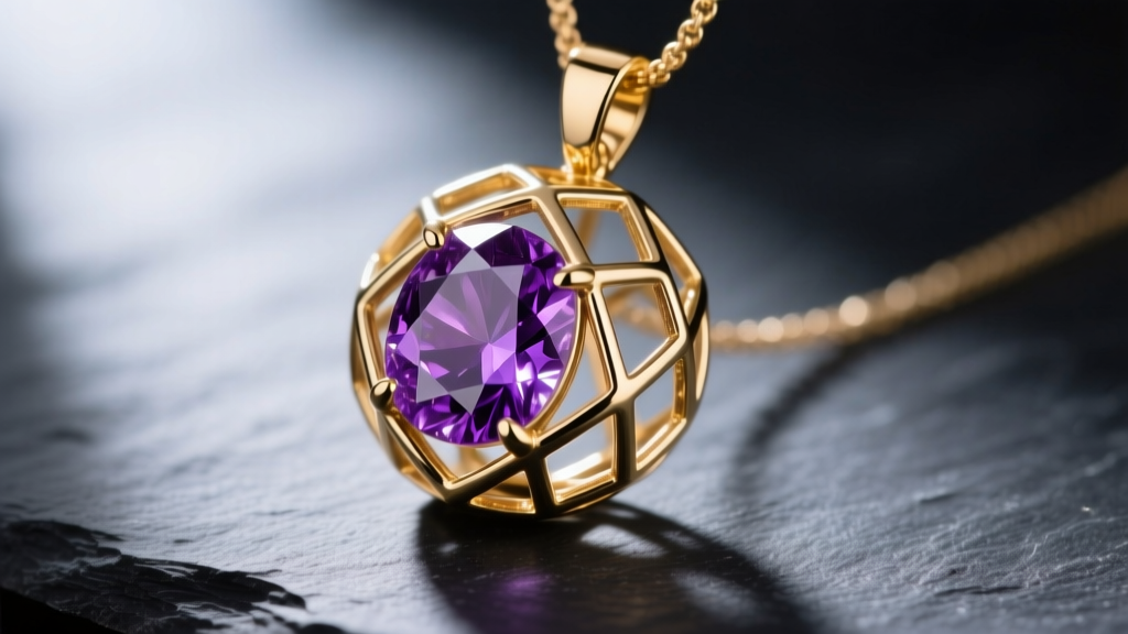 Close-up of a 14k gold-filled geometric cage pendant holding a raw amethyst cluster, resting on dark slate background.