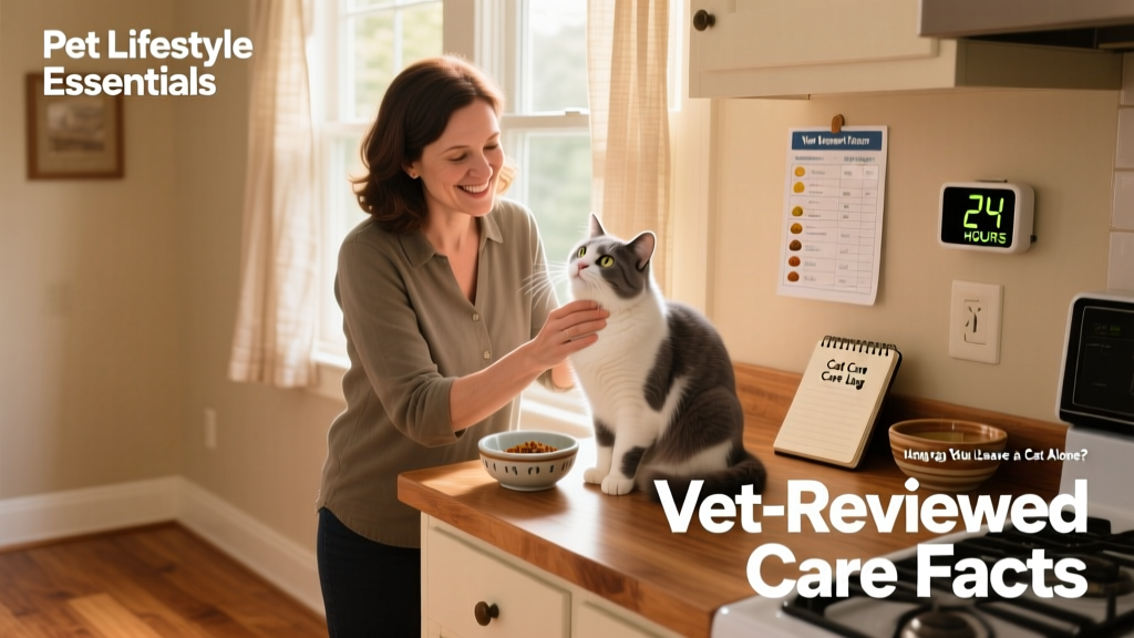 A friendly pet sitter gently stroking a cat while checking its food and water bowls
