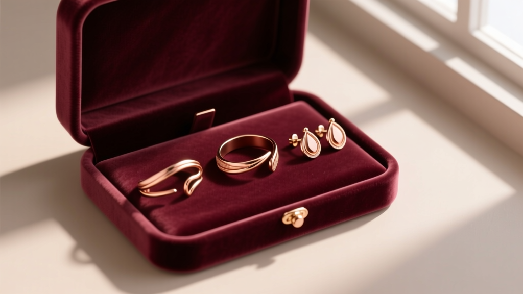 A neatly organized velvet jewelry box displaying three different sized rose gold ear cuffs and clip-on earrings, shot from above.