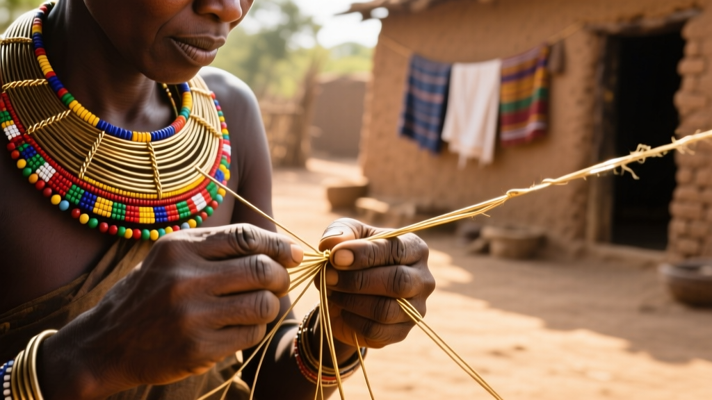 Artisan hands weaving brass wire and seed beads into a traditional Central African choker, warm sunlight, documentary style.