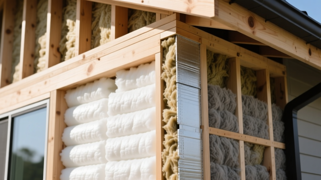 Wood-framed wall cross-section showing closed-cell spray foam and exterior mineral wool continuous insulation under bright site lighting