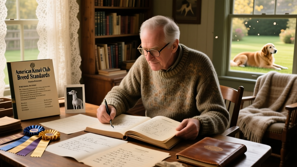 A breeder reviewing pedigree records and referencing a written breed standard document