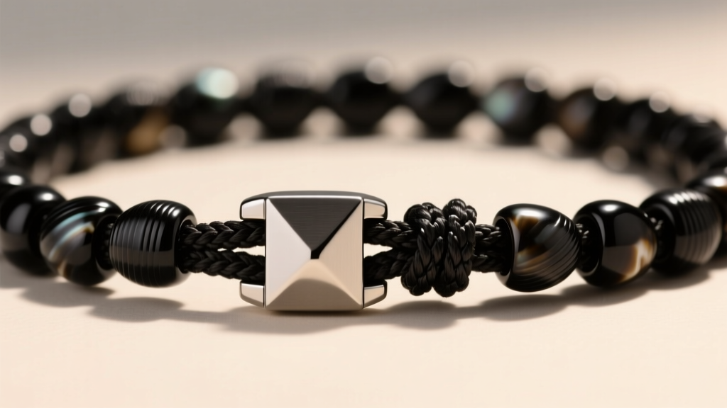 Close-up of black puka shell strand secured with waxed cotton cord and a brushed 316L stainless steel bayonet clasp mechanism.