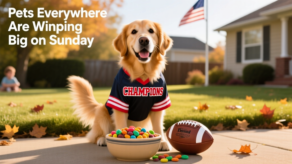 A joyful dog wearing a miniature football jersey, sitting beside a bowl of treats and a small football