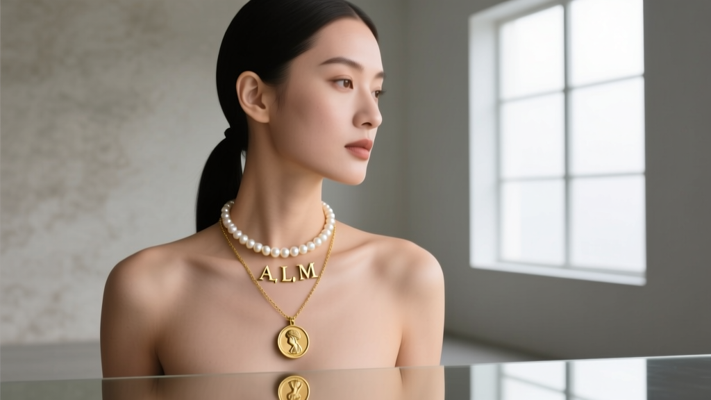 Woman wearing a layered stack with a 14-inch pearl choker, a 16-inch 3 initial necklace, and an 18-inch gold coin pendant.