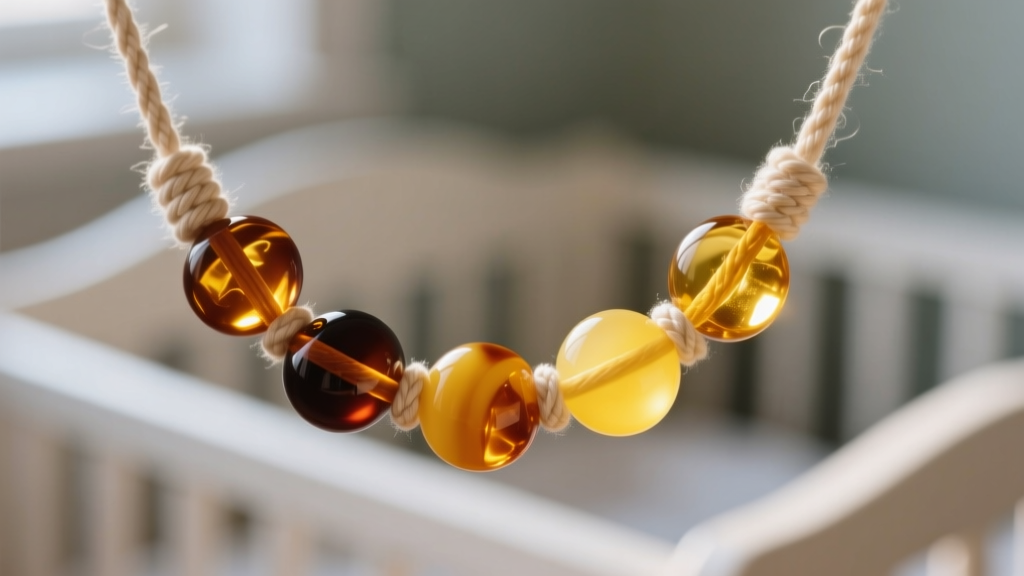 Close-up of genuine Baltic amber baby necklace with cognac and lemon 5mm beads, individually knotted on a soft cotton cord.