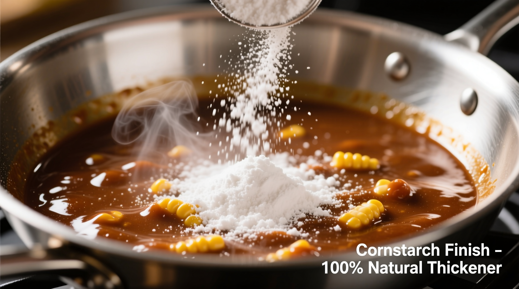 Close-up of cornstarch being sprinkled into a sauce