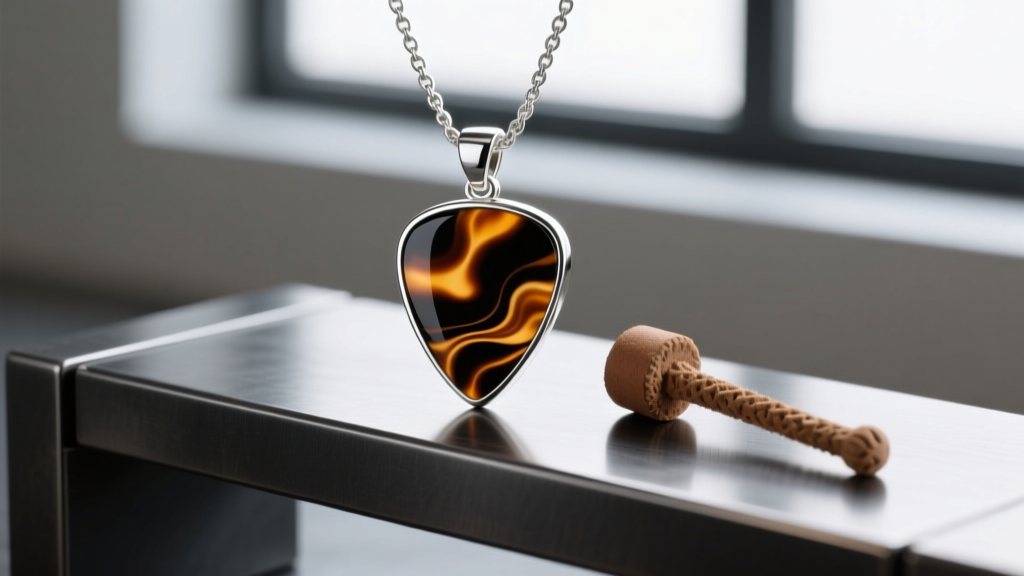 A sterling silver guitar pick pendant with tortoiseshell acetate inlay on a dark steel bench block beside a small rawhide mallet.