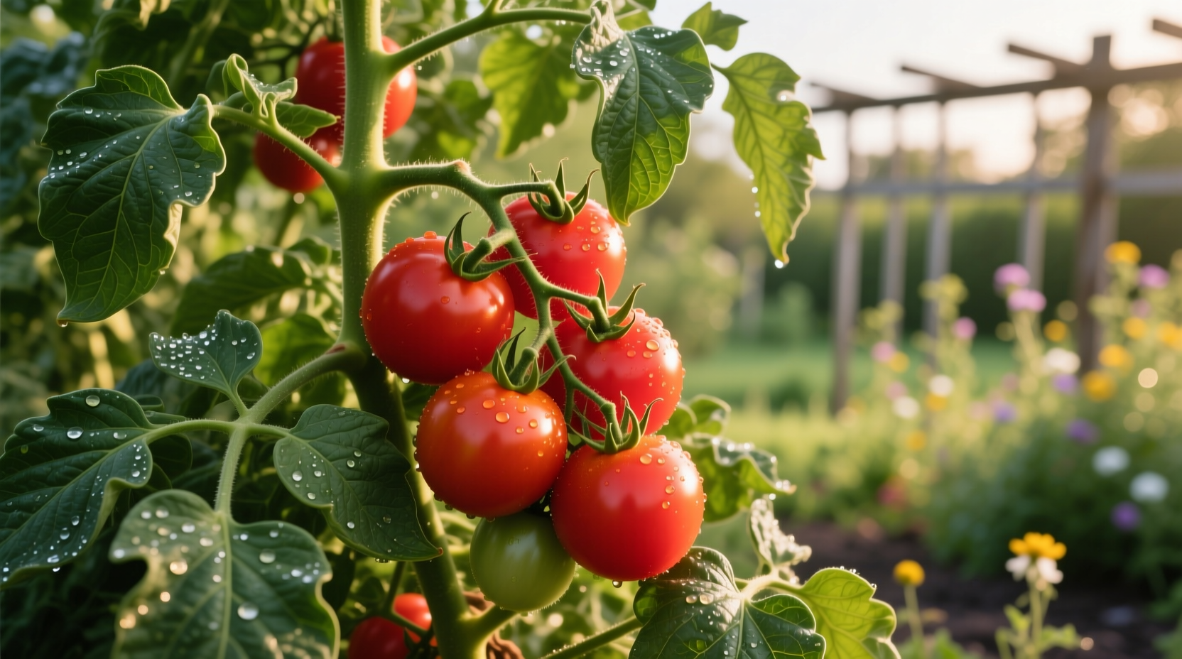 Ripe Best Boy tomatoes on vine with healthy foliage