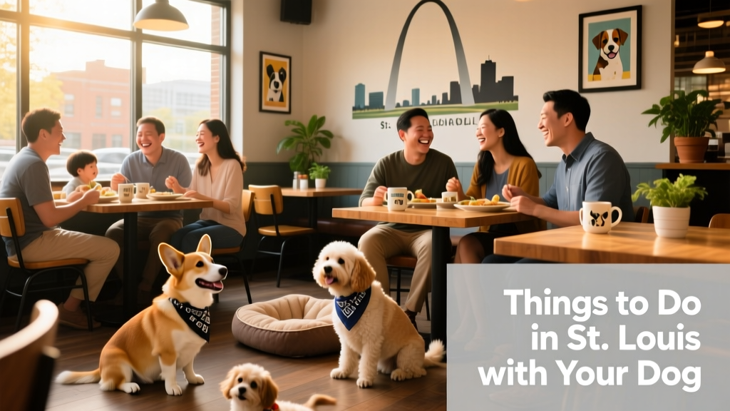 Pet parents with their dog in a dog-friendly restaurant in St. Louis.