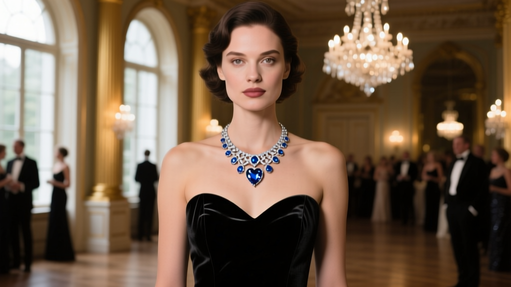 Woman wearing a silver and blue sapphire heart necklace over a black velvet sweetheart neckline dress at a dimly lit elegant gala