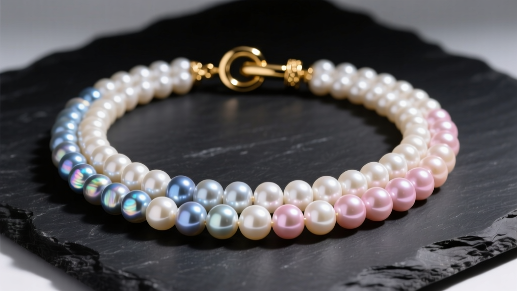 Three-strand seed pearl necklace on dark slate, highlighting nacre luster variations and a detailed gold-filled barrel clasp.