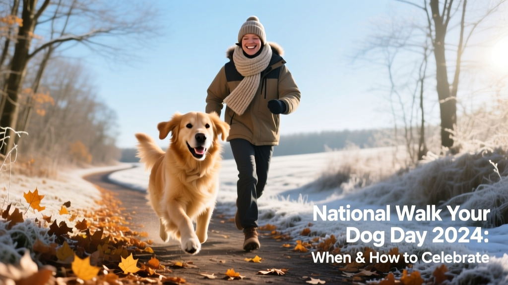 A happy dog on a sunny winter walk with their owner along a leafy trail