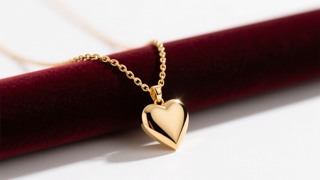A gold chained heart necklace on velvet, showing the delicate cable chain and polished heart pendant under soft studio lighting.