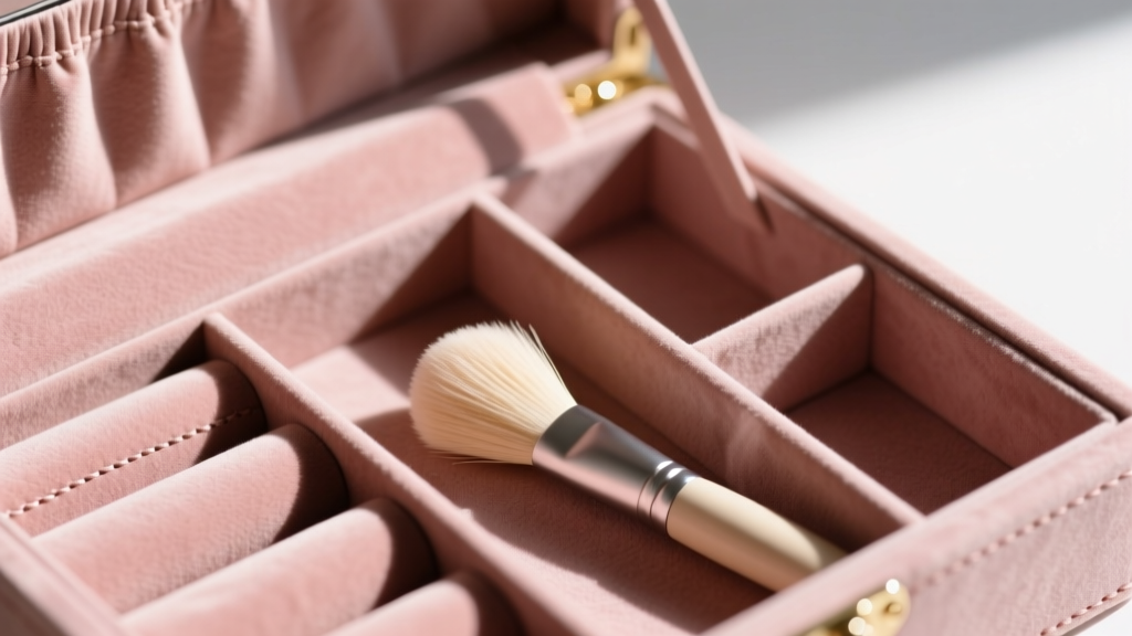 Close-up of blush suede jewelry box interior lining with neatly arranged compartments and a soft lint-free brush resting nearby.