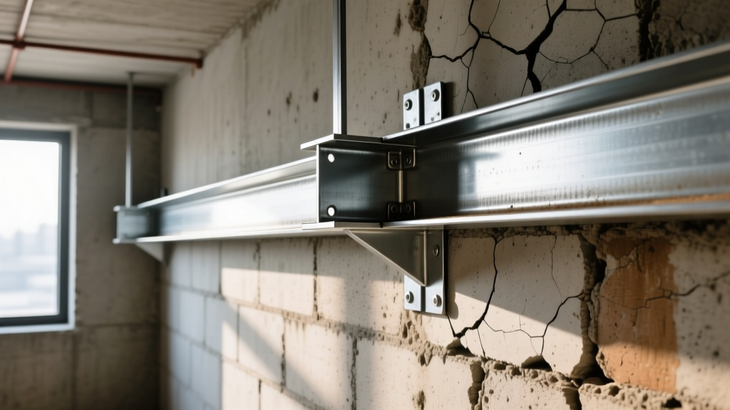 Galvanized steel I-beam wall brace secured to a cracked concrete block basement wall with heavy-duty floor and joist brackets