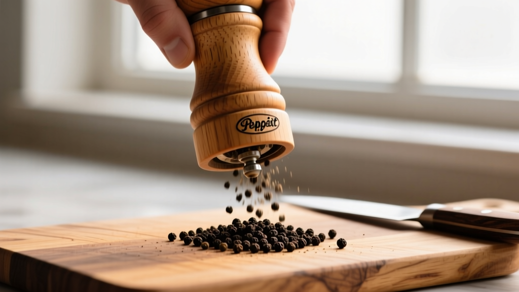 Hand grinding fresh black pepper over a rustic cutting board using an unfinished FSC-certified beechwood Peugeot spice mill