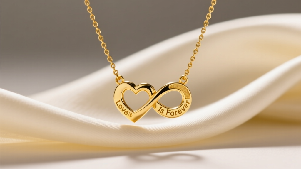 Macro shot of a solid 14k yellow gold love is forever necklace with interlocking heart and infinity pendant on draped ivory silk.