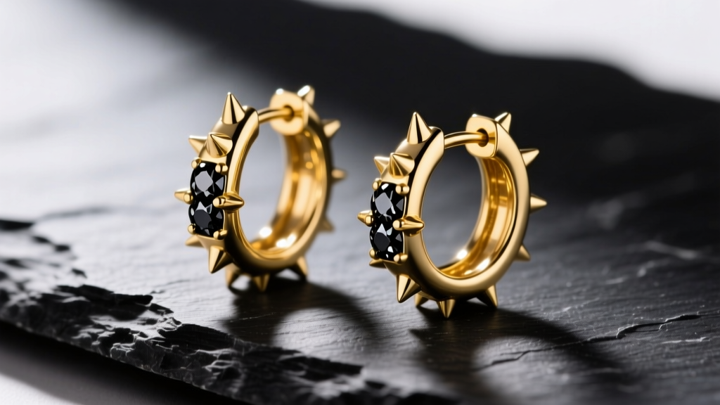 Macro shot of 18k yellow gold spiked huggie earrings with 3mm black diamond pavé, resting on a textured matte black slate surface