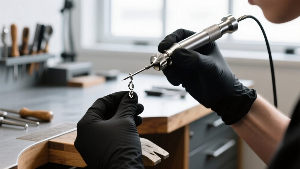 A jeweler using a cup bur and flex shaft tool to smooth the sharp tip of a custom-cut 18-gauge titanium earring wire safely.