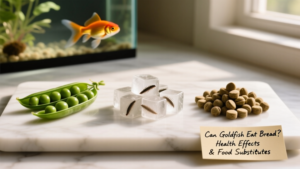 A selection of goldfish-safe foods: blanched peas, frozen daphnia cubes, and FurPetVo goldfish pellets arranged on a clean surface