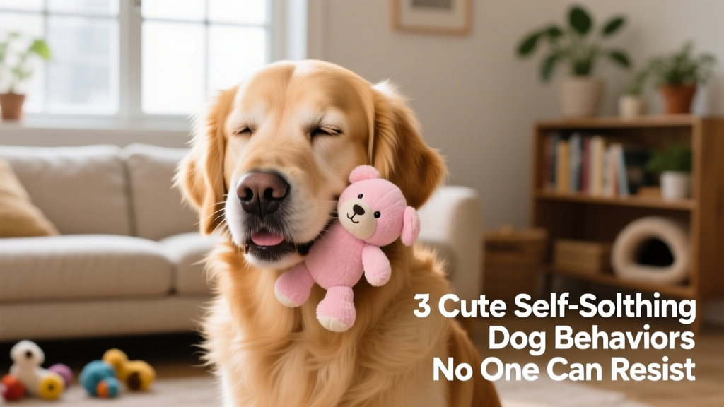 A calm dog gently holding a soft plush toy in its mouth