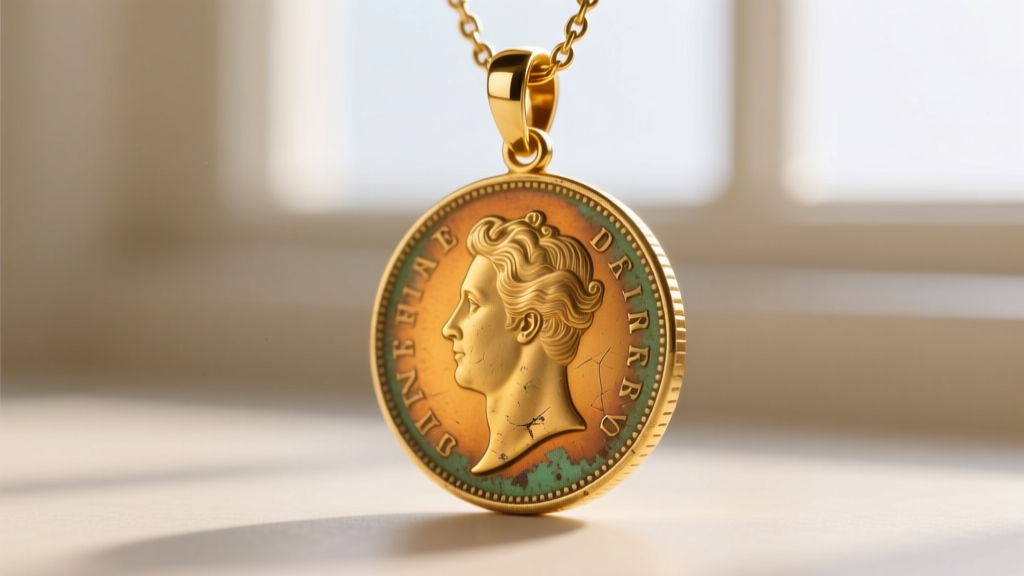 Macro shot of a Victorian sovereign coin pendant showing an 18k yellow gold prong mount and minor wear on the historic coin edge.
