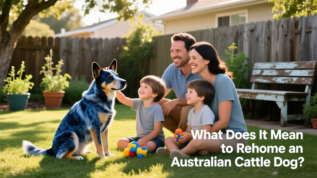 Australian Cattle Dog sitting calmly beside a friendly family in a sunlit backyard