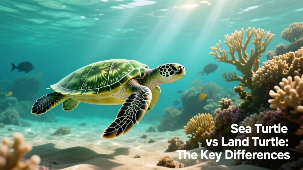 Green sea turtle gliding through clear blue water near coral reef