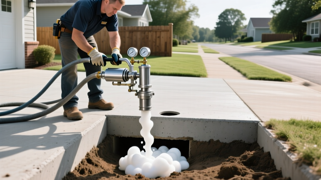 Technician injecting polyurethane foam into a settled concrete slab foundation in a suburban home driveway using a specialized pump rig