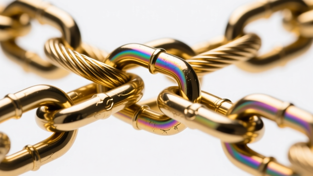 Macro photo of three interlocking steel cable chains highlighting friction points and PVD gold coating under bright studio lighting.