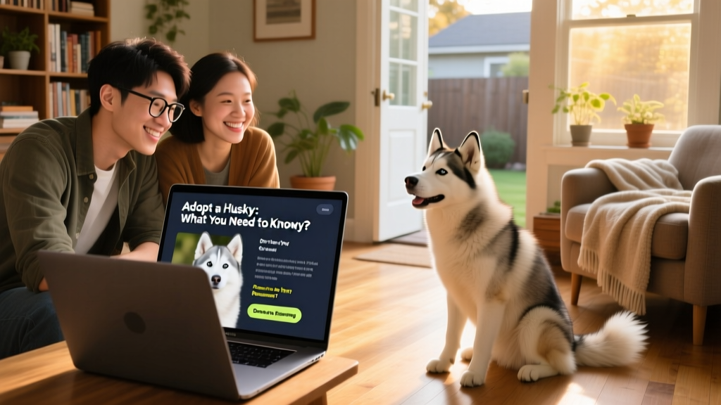 Two people reviewing a digital pet profile together on a laptop, with a Husky resting nearby