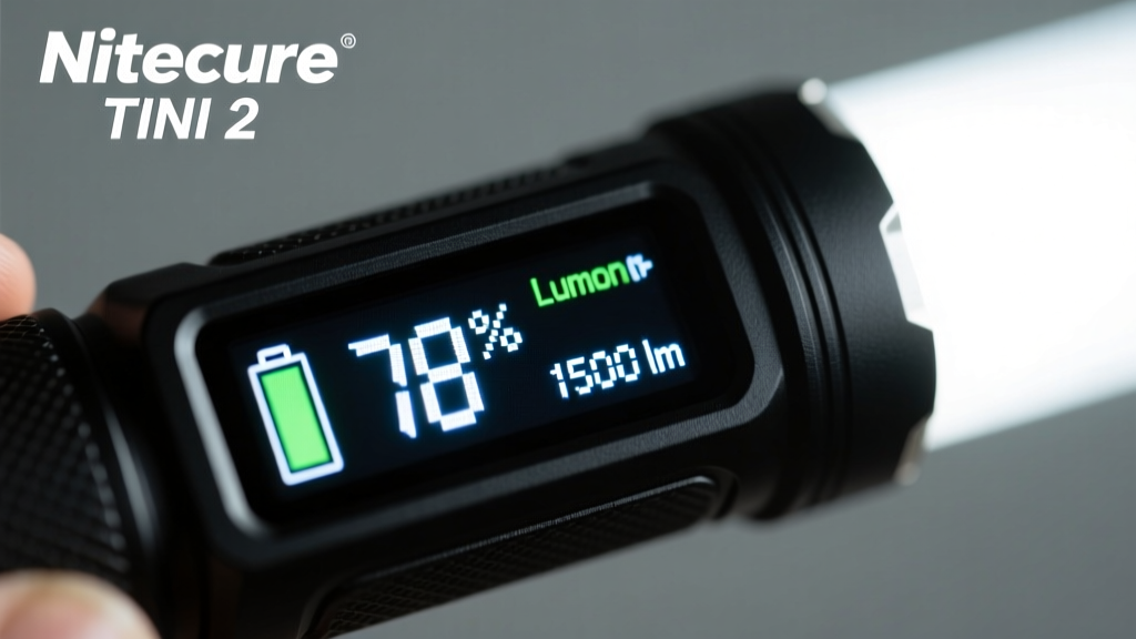 Close-up macro shot of an OLED display on a Nitecore TINI 2 flashlight showing battery percentage and lumen output settings
