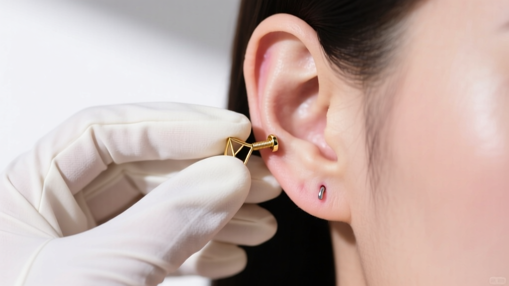 Gloved hands twisting a 14k gold internally threaded flat back earring to safely remove it from a healed helix cartilage piercing.