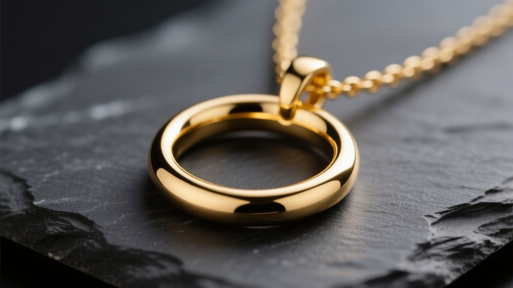 Macro shot of a polished 16-gauge 14k yellow gold open circle necklace pendant resting on dark slate under soft studio light.