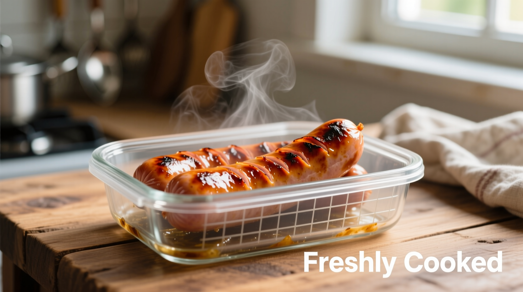 Fresh cooked sausage in airtight container