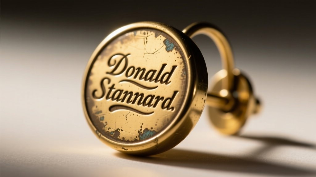 Macro photography of a vintage jewelry hallmark stamped Donald Stannard on a brass earring clutch, illuminated by harsh LED light.