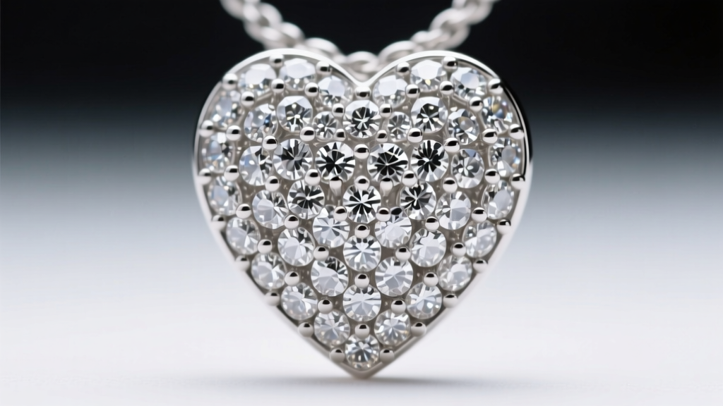 Macro view of a platinum pave heart pendant showing tiny metal beads securing small round diamonds in a seamless grid.