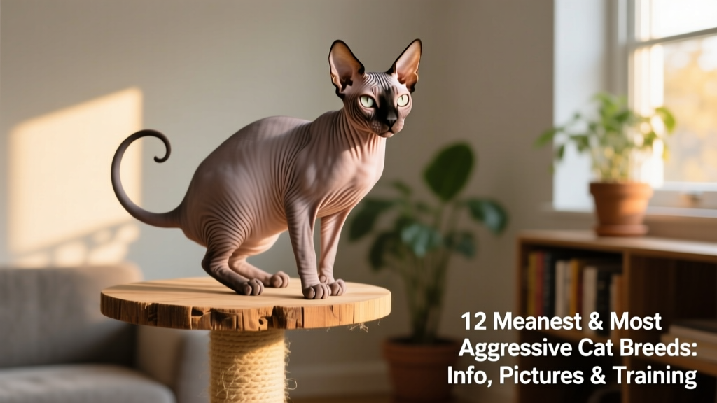Sphynx cat perched playfully on a wooden cat tree, ears forward and tail curled