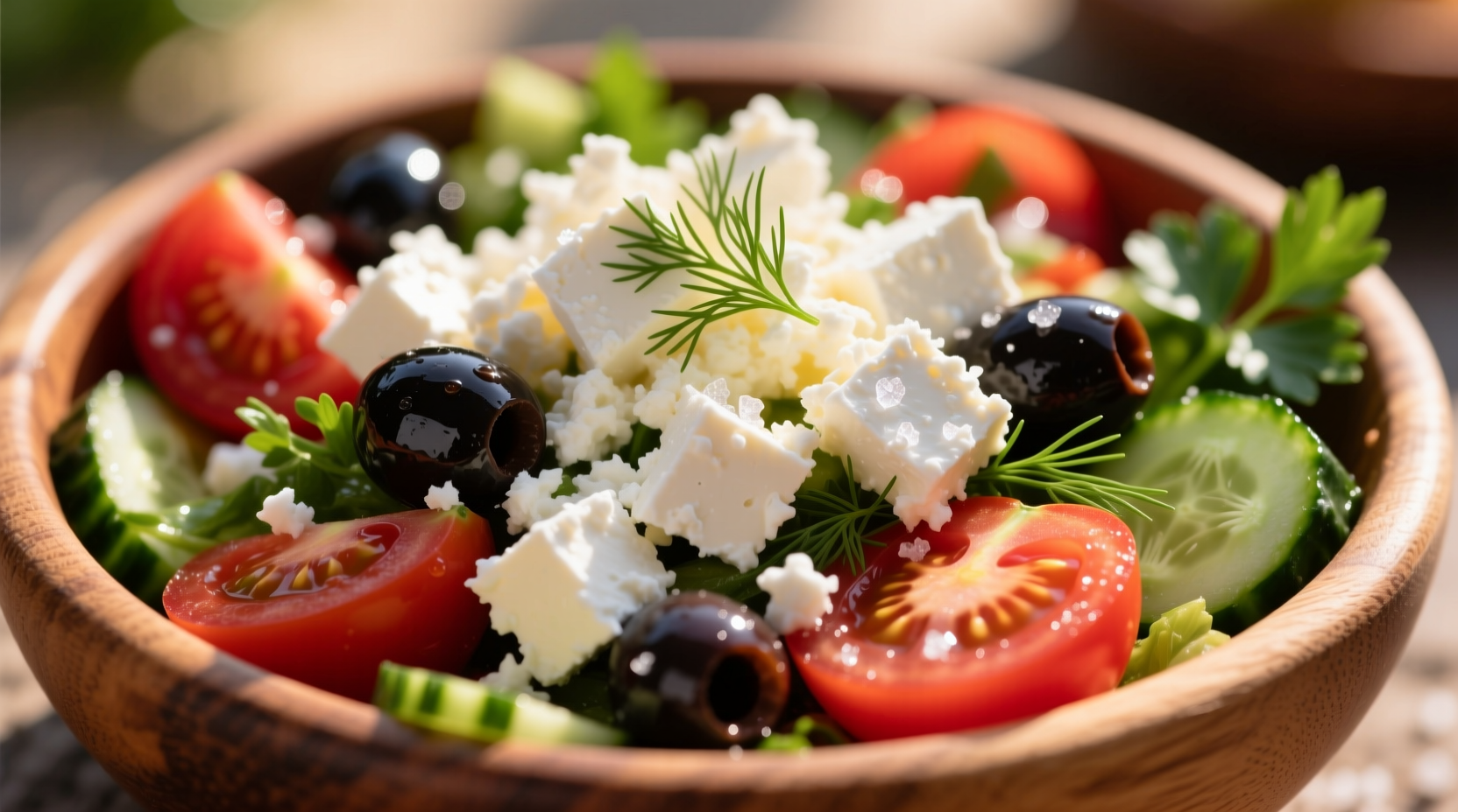 White feta cheese crumbled over Greek salad with tomatoes and olives