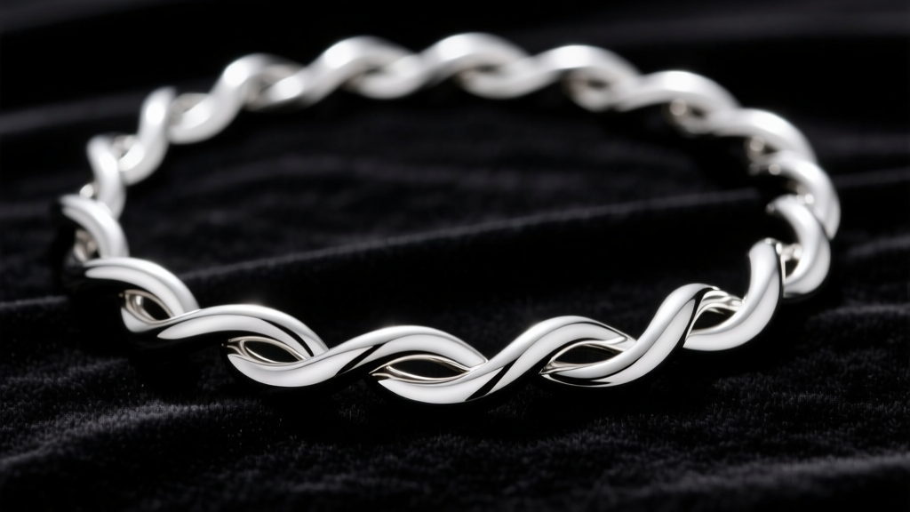Macro photography of an 18-gauge silver wave necklace chain detail showing the smooth, liquid-metal curve against dark velvet.